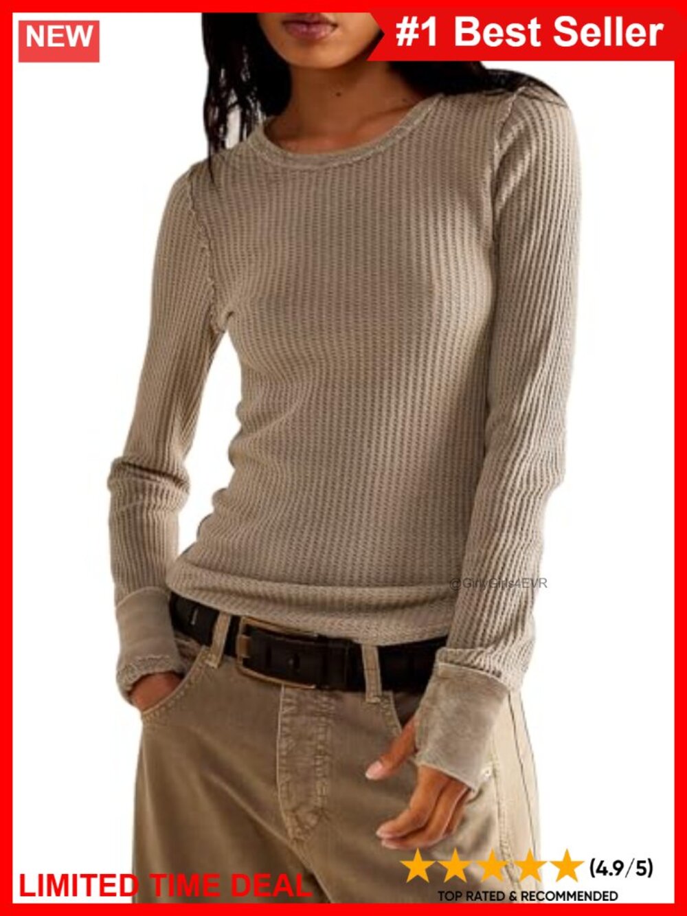 Waffle Knit Long Sleeve Slim Fit Pullover Crew Neck Thumbhole Top